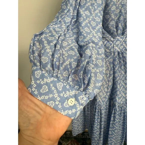 Sandro Mini Dress Blue Heart Print Tie Waist 3/4 Sleeve Size Small