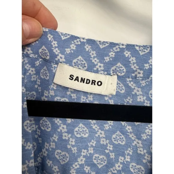 Sandro Mini Dress Blue Heart Print Tie Waist 3/4 Sleeve Size Small