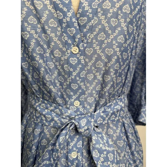 Sandro Mini Dress Blue Heart Print Tie Waist 3/4 Sleeve Size Small