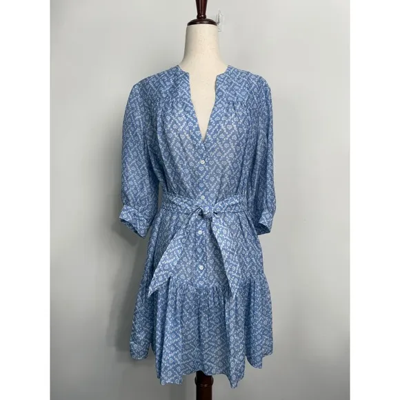 Sandro Mini Dress Blue Heart Print Tie Waist 3/4 Sleeve Size Small