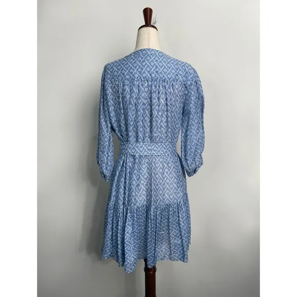 Sandro Mini Dress Blue Heart Print Tie Waist 3/4 Sleeve Size Small
