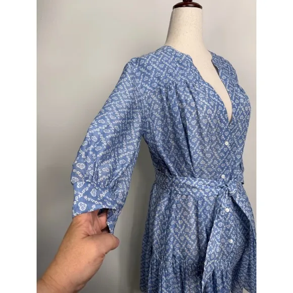 Sandro Mini Dress Blue Heart Print Tie Waist 3/4 Sleeve Size Small
