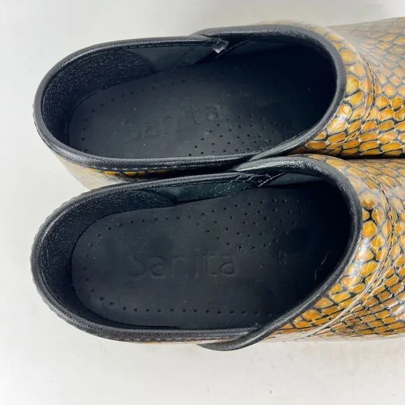 Sanita Clogs Women's 6.5 Gold Black Snakeskin Block Heel Slip On Comfort Shoes