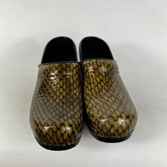 Sanita Clogs Women's 6.5 Gold Black Snakeskin Block Heel Slip On Comfort Shoes