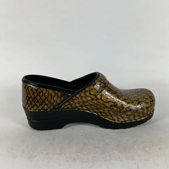 Sanita Clogs Women's 6.5 Gold Black Snakeskin Block Heel Slip On Comfort Shoes