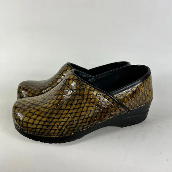 Sanita Clogs Women's 6.5 Gold Black Snakeskin Block Heel Slip On Comfort Shoes