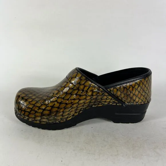 Sanita Clogs Women's 6.5 Gold Black Snakeskin Block Heel Slip On Comfort Shoes