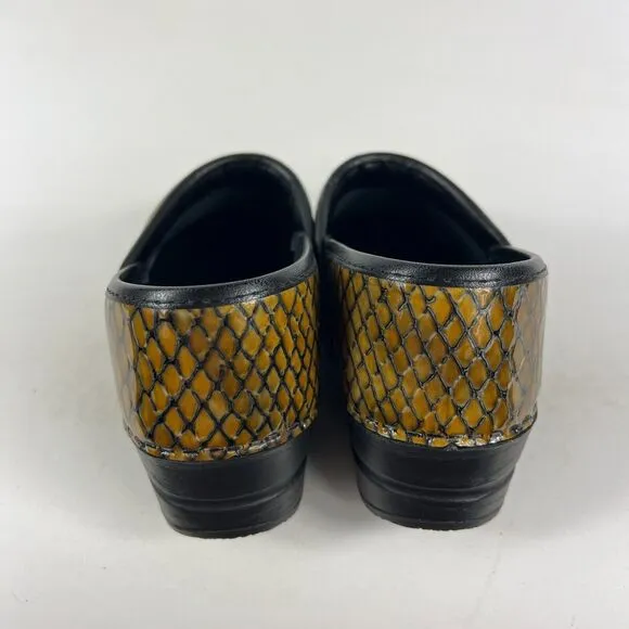 Sanita Clogs Women's 6.5 Gold Black Snakeskin Block Heel Slip On Comfort Shoes
