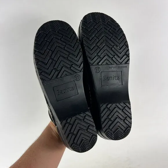 Sanita Clogs Women's 6.5 Gold Black Snakeskin Block Heel Slip On Comfort Shoes