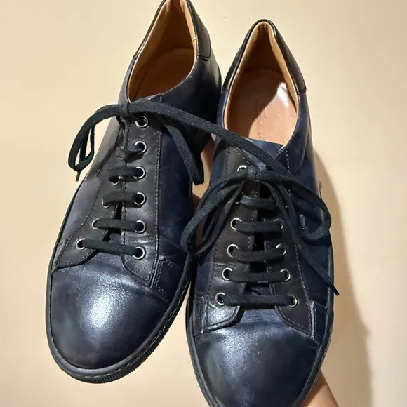 SANTONI Men’s Sz 9 D Blue Leather Trainers Sneakers ITALY L