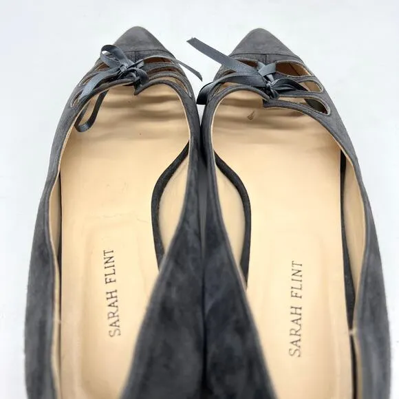 SARAH FLINT Trish Pointy Toe Ballet Flat Womens 6.5 Gray Suede Lace Up Cut Out