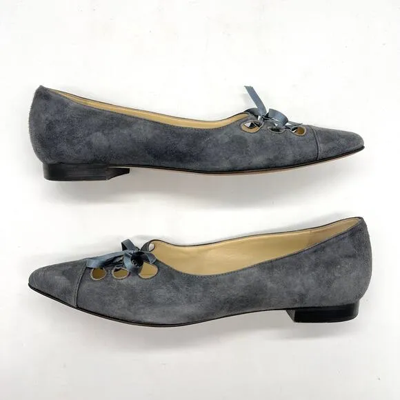SARAH FLINT Trish Pointy Toe Ballet Flat Womens 6.5 Gray Suede Lace Up Cut Out