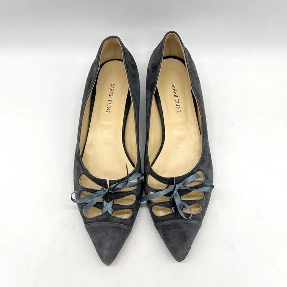 SARAH FLINT Trish Pointy Toe Ballet Flat Womens 6.5 Gray Suede Lace Up Cut Out