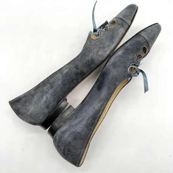 SARAH FLINT Trish Pointy Toe Ballet Flat Womens 6.5 Gray Suede Lace Up Cut Out