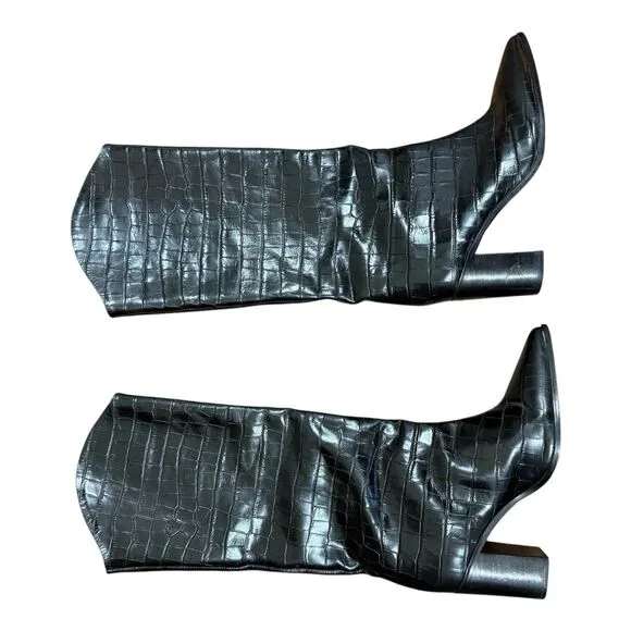 Schutz Knee High Maryana Heel Boots Size 11 Black Crocodile Embossed Leather
