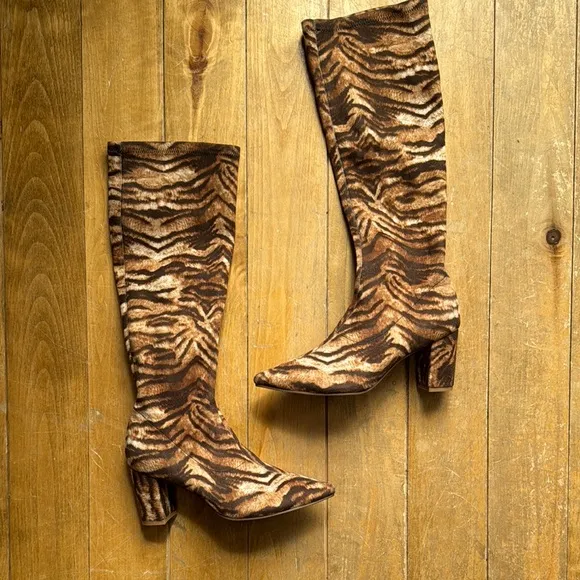 Silent D Komass Knee-High Boots Brown Tiger Print Knee-High Boots 38