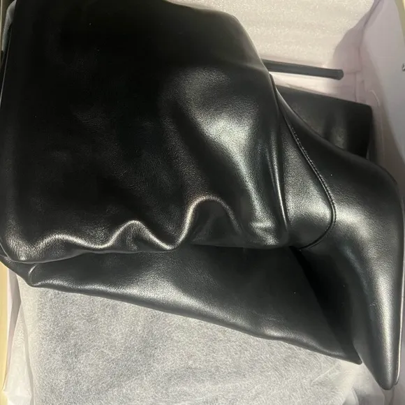 SIMMI • Ruched Black Rami Stiletto Knee High Boots