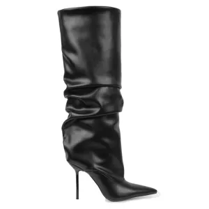 SIMMI • Ruched Black Rami Stiletto Knee High Boots