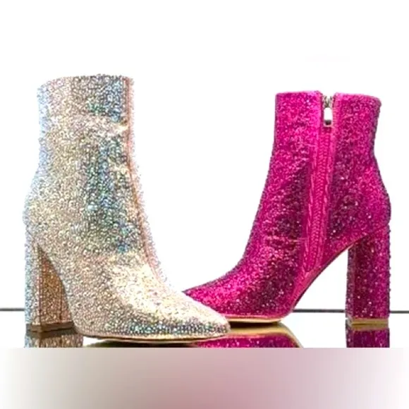 Size 10 Metallic Hot Pink Rhinestone Embellished Almond Toe Fashion Bootie