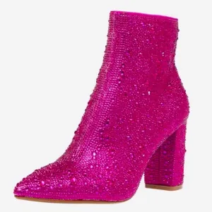 Size 10 Metallic Hot Pink Rhinestone Embellished Almond Toe Fashion Bootie