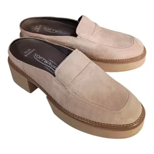 Softwaves Sapato Platform Loafer Mules Shoes Suede Leather Beige Women 39.5/US 9