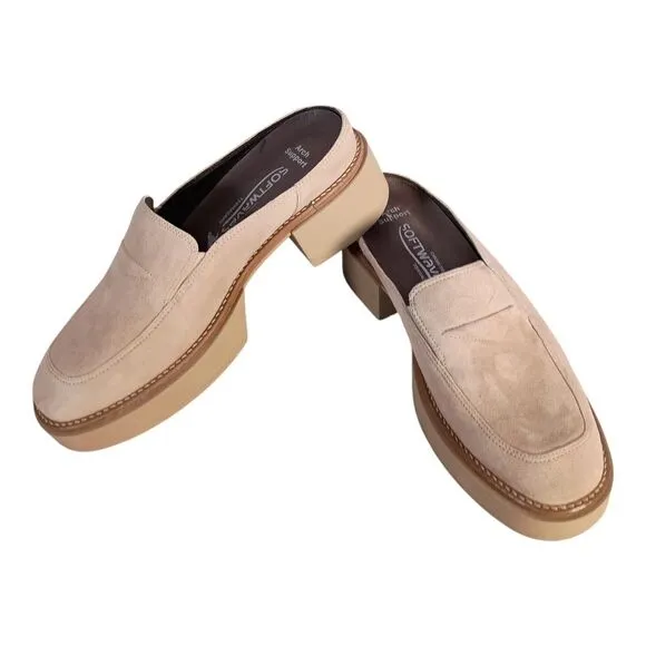 Softwaves Sapato Platform Loafer Mules Shoes Suede Leather Beige Women 39.5/US 9