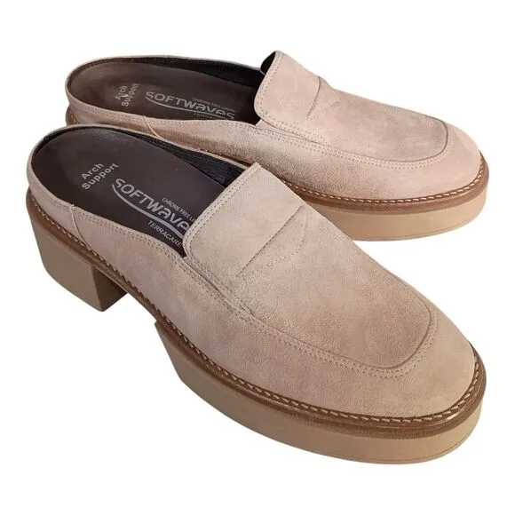 Softwaves Sapato Platform Loafer Mules Shoes Suede Leather Beige Women 39.5/US 9