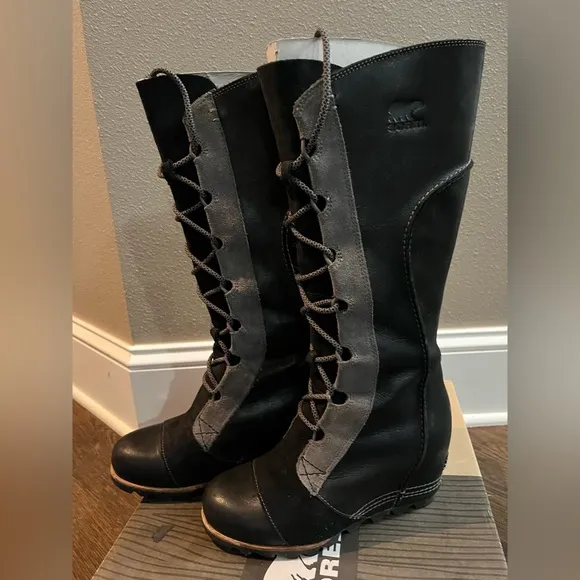 Sorel 7 knee high Women's Black Gray Boots wedge care the great lace up leather