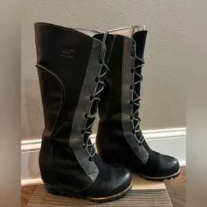 Sorel 7 knee high Women's Black Gray Boots wedge care the great lace up leather