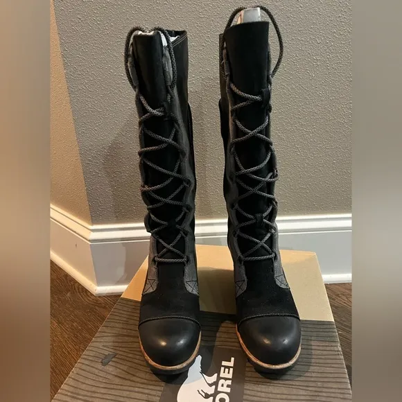 Sorel 7 knee high Women's Black Gray Boots wedge care the great lace up leather