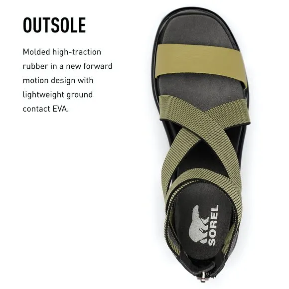 SOREL WOMEN'S JOANIE III SPORT STRAP SANDALS - OLIVE SHADE, BLACK - SIZE 9.