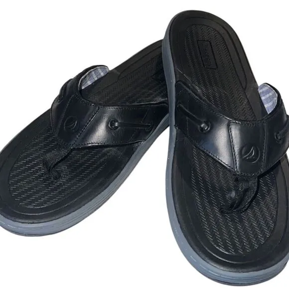 Sperry Baitfish Black Leather Toe Post Flip Flop Sandals Men Size 12 NIB