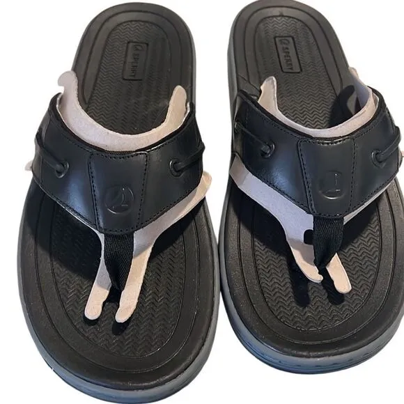 Sperry Baitfish Black Leather Toe Post Flip Flop Sandals Men Size 12 NIB