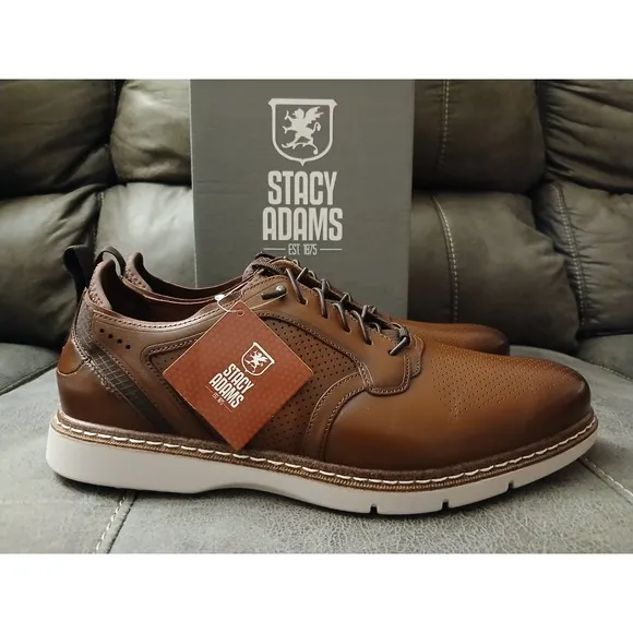 Stacy Adams Plain Toe Elastic Laceup Sneaker Leather Cognac 25662-221 Sz 9W #800
