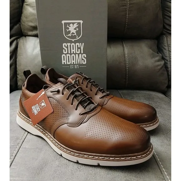 Stacy Adams Plain Toe Elastic Laceup Sneaker Leather Cognac 25662-221 Sz 9W #800