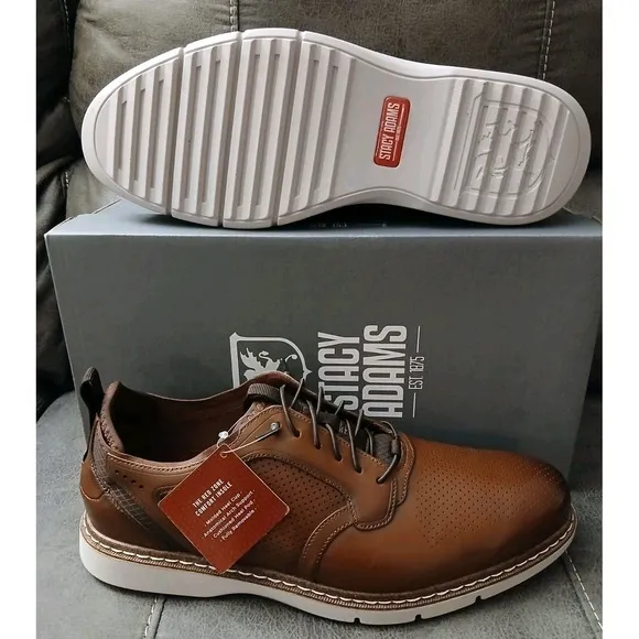 Stacy Adams Plain Toe Elastic Laceup Sneaker Leather Cognac 25662-221 Sz 9W #800