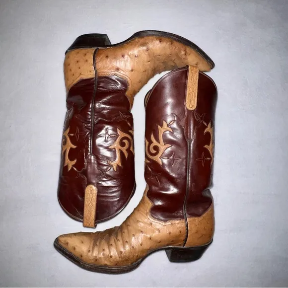 Sterling Brown and Tan Two-Tone Ostrich Leather Pointed Toe Cowboy Boots