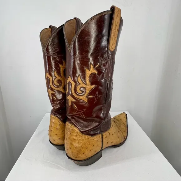 Sterling Brown and Tan Two-Tone Ostrich Leather Pointed Toe Cowboy Boots