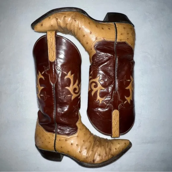 Sterling Brown and Tan Two-Tone Ostrich Leather Pointed Toe Cowboy Boots