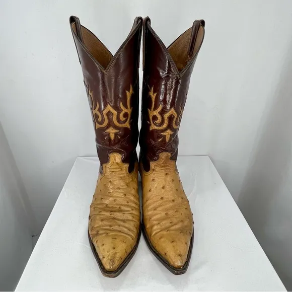 Sterling Brown and Tan Two-Tone Ostrich Leather Pointed Toe Cowboy Boots