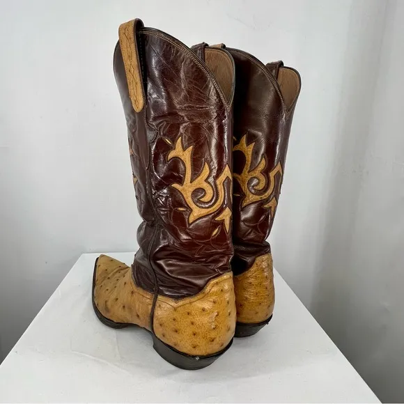 Sterling Brown and Tan Two-Tone Ostrich Leather Pointed Toe Cowboy Boots