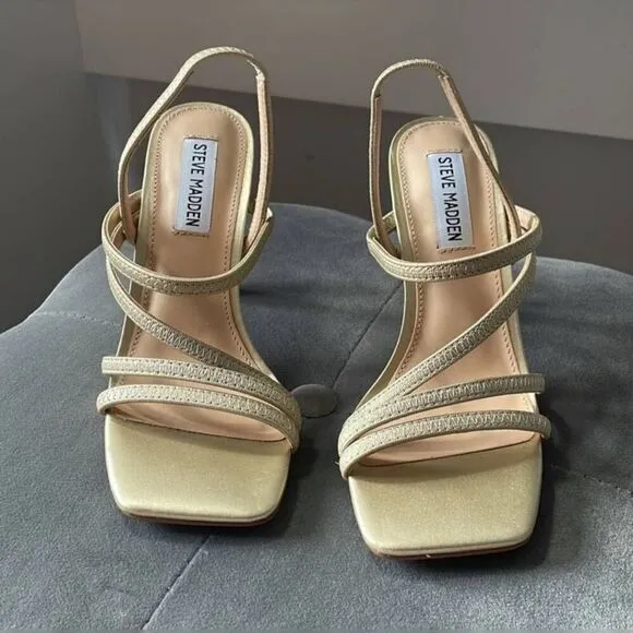 Steve Madden Newsflash Gold Leather Thin Strap Stiletto Open Toe Dress Sandals S