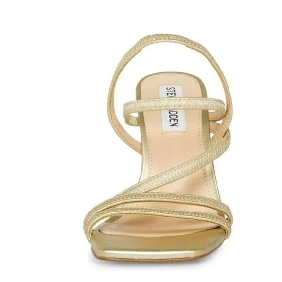 Steve Madden Newsflash Gold Leather Thin Strap Stiletto Open Toe Dress Sandals S