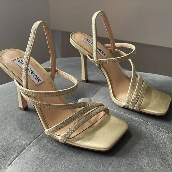 Steve Madden Newsflash Gold Leather Thin Strap Stiletto Open Toe Dress Sandals S