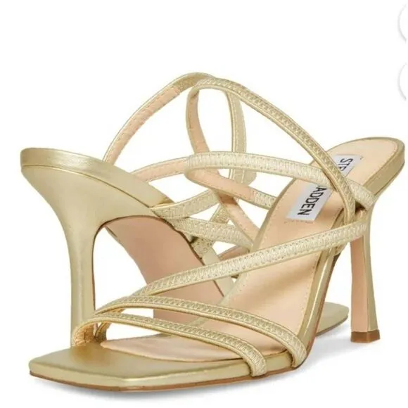 Steve Madden Newsflash Gold Leather Thin Strap Stiletto Open Toe Dress Sandals S