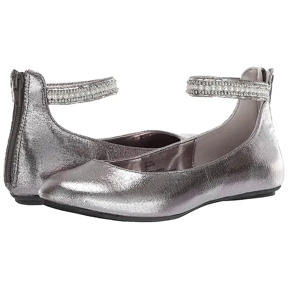 Steve Madden Pewter Jziler Adorned Ankle Strap Ballet Flat, Little Girls Size 3.