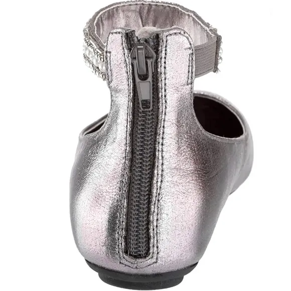 Steve Madden Pewter Jziler Adorned Ankle Strap Ballet Flat, Little Girls Size 3.