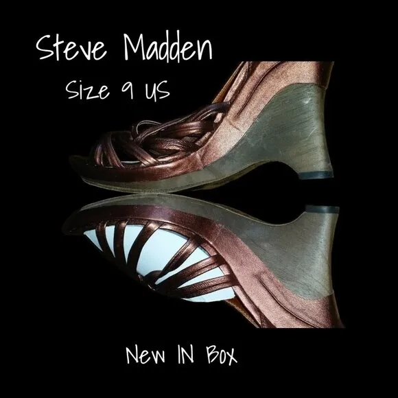 Steve Madden Wedge Sandals Luminus Copper Leather Shoes Size 9 New In Box