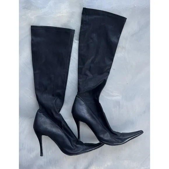 STRATEGIA Italy Stretch Lambskin Leather Pointy Toe Knee High Boots Size 39 /8.5
