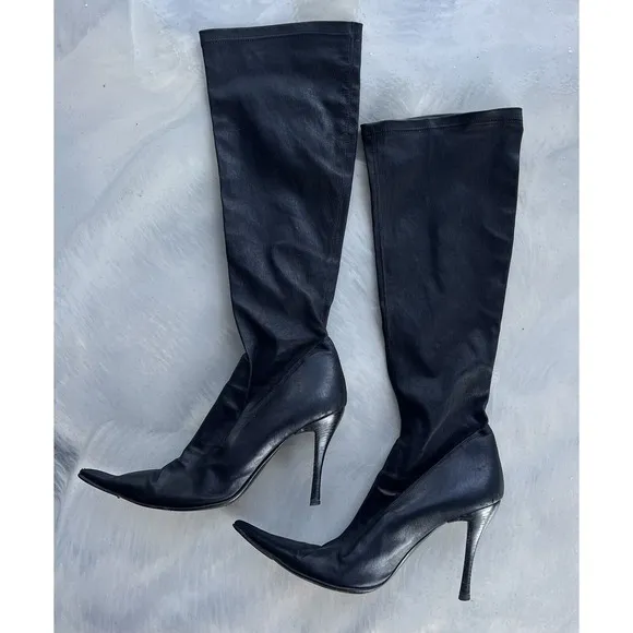 STRATEGIA Italy Stretch Lambskin Leather Pointy Toe Knee High Boots Size 39 /8.5